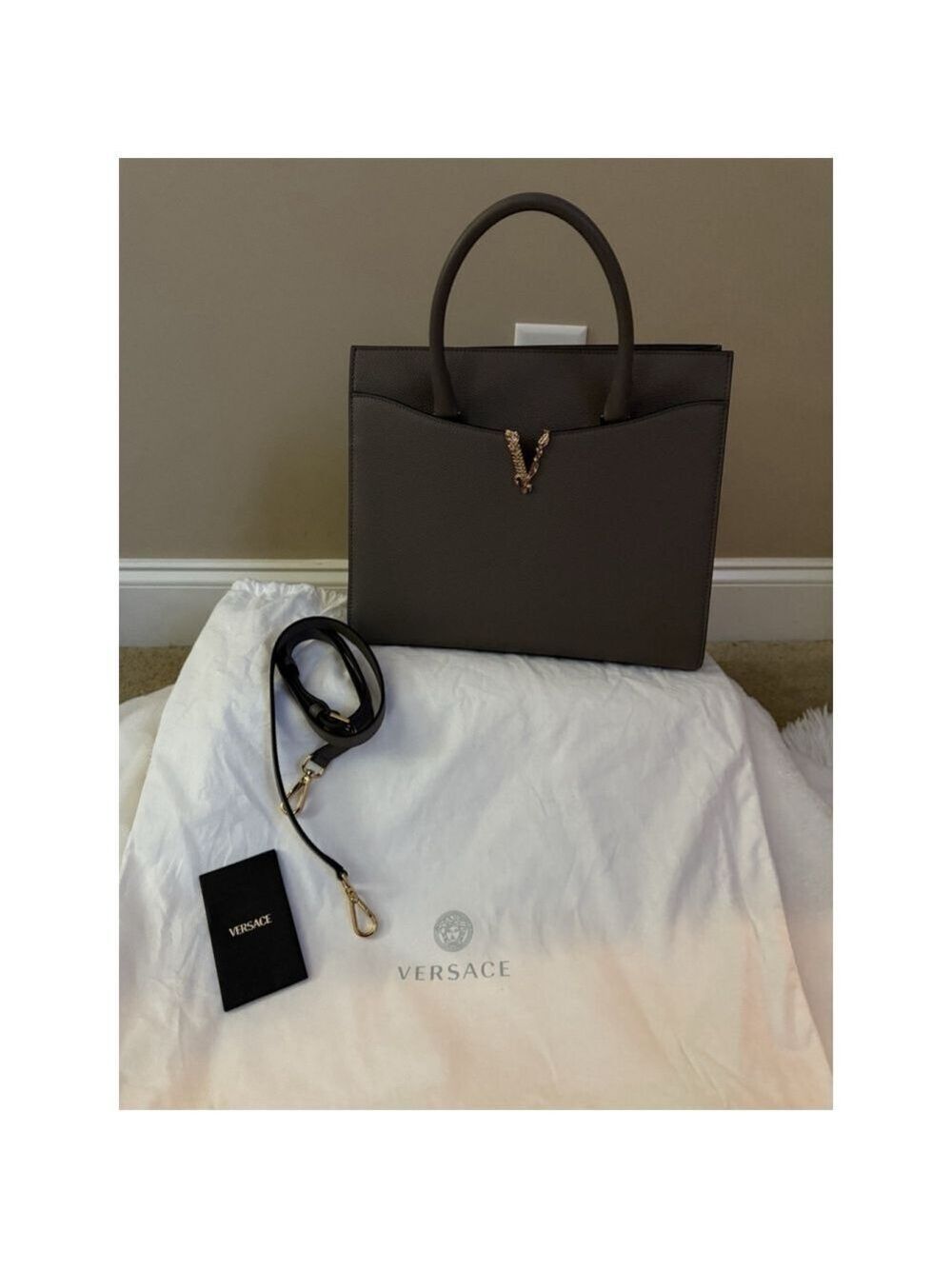 Versace Virtus Grainy Calf Leather Grey Large Top Handle Bag NWT $ 2100 Retail - Picture 5 of 10